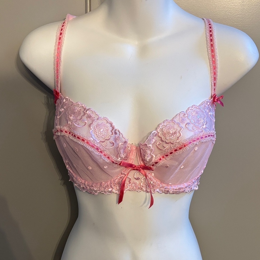 ADORE ME Pink Lace Mesh Polka Dot Unlined Underwire Bra 32DD